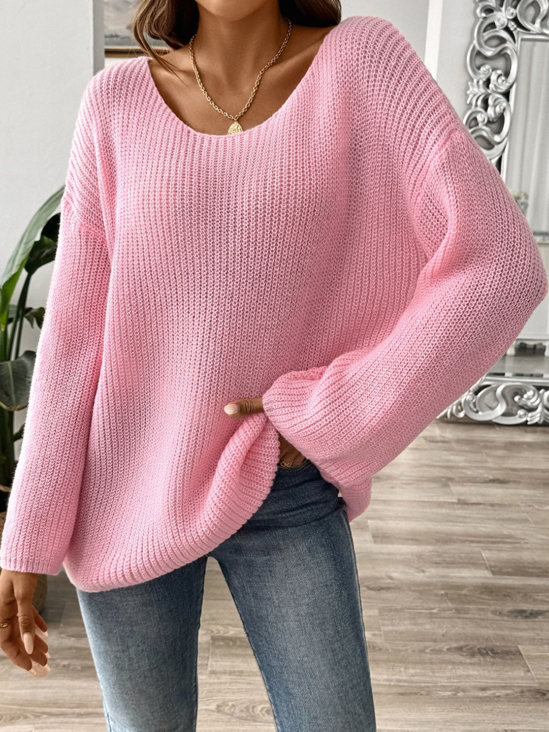 Round Neck Long Sleeve Sweater - Luxe4Everyday Dusty Pink / S Sweater