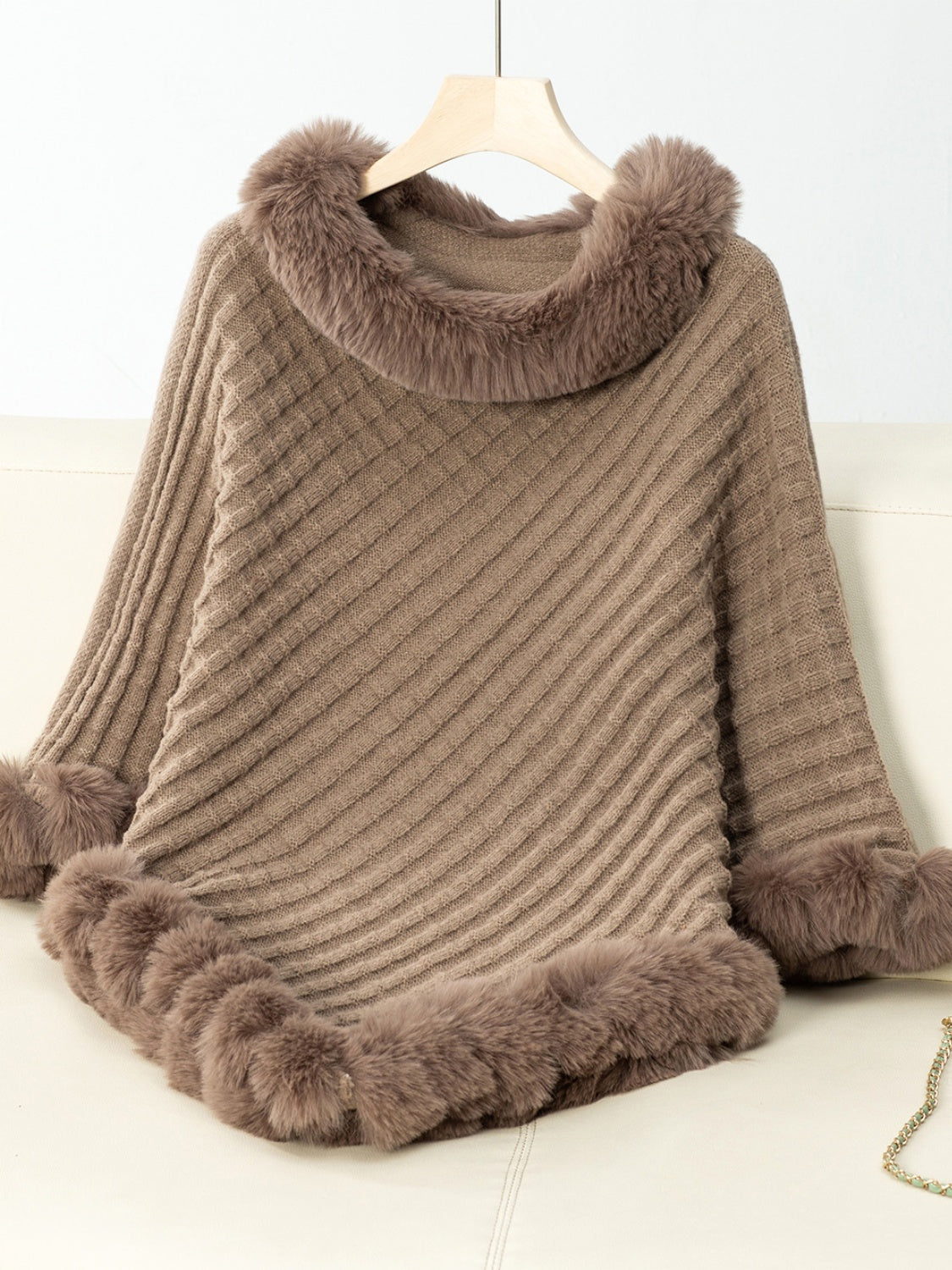 Fuzzy Trim Texture Three-Quarter Sleeve Poncho - Luxe4Everyday Camel / One Size Jacket