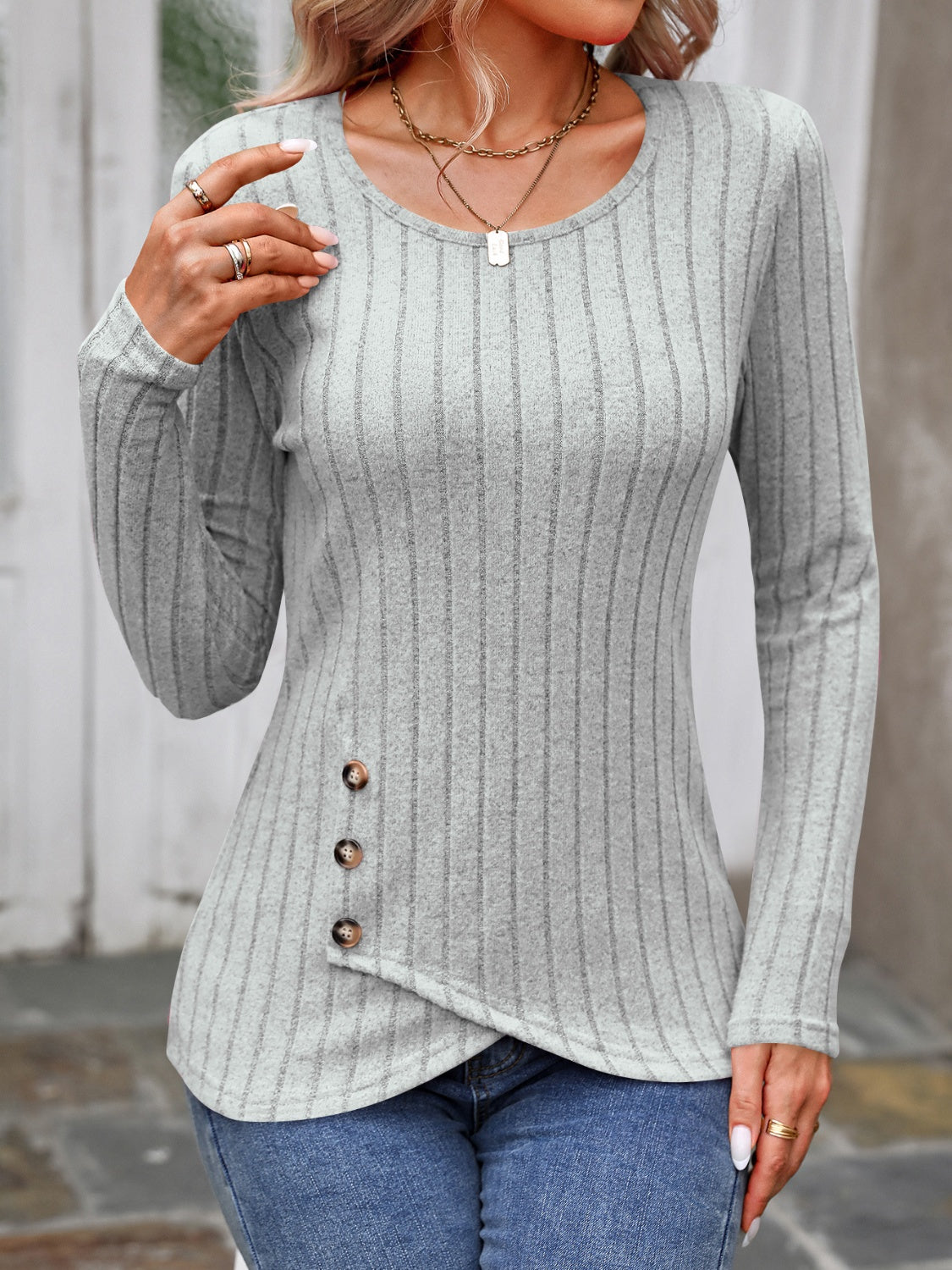 Decorative Button Round Neck Long Sleeve T-Shirt - Luxe4Everyday Gray / S shirt