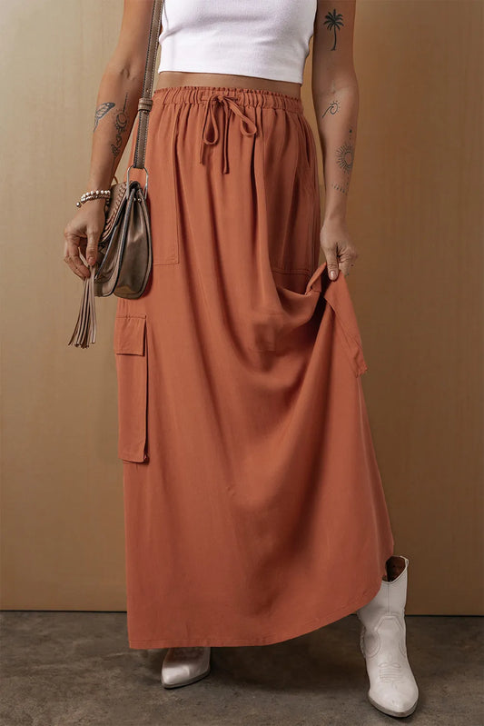 Drawstring Maxi Skirt with Pockets - Luxe4Everyday Caramel / S Skirt