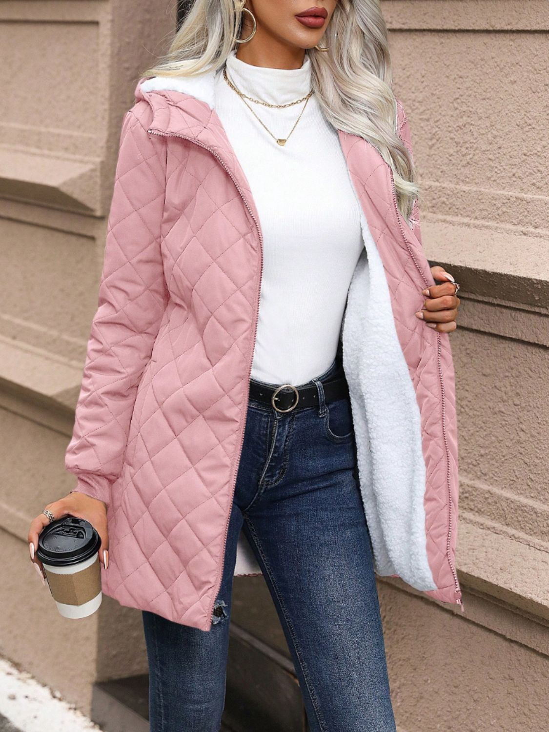 Quilted Zip Up Hooded Jacket with Pockets - Luxe4Everyday Dusty Pink / XXS Coat