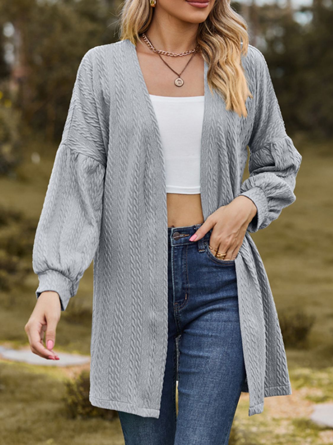 Textured Open Front Dropped Shoulder Cardigan - Luxe4Everyday Gray / S Jacket