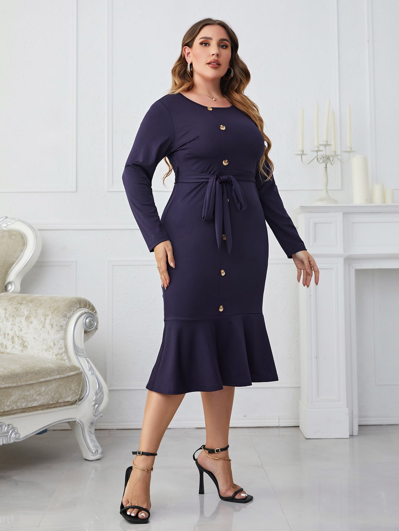 Honey Melo Apparel Plus Size Buttoned Round Neck Tie Belt Midi Dress - Luxe4Everyday Blueberry / 1XL Dress