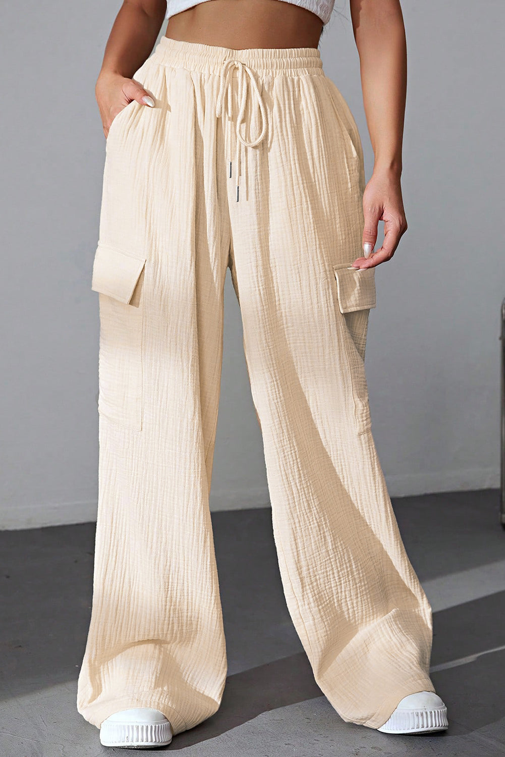 Drawstring Pocketed Wide Leg Pants - Luxe4Everyday Ivory / S Pants