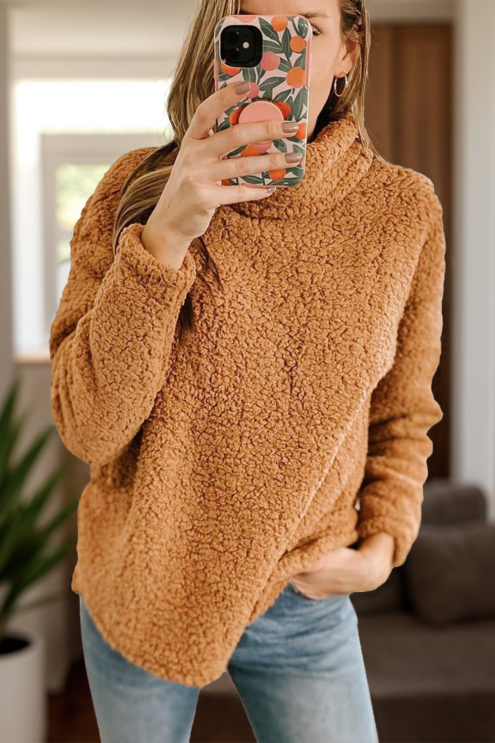 Fuzzy Turtleneck Long Sleeve Sweatshirt - Luxe4Everyday Caramel / S Sweater