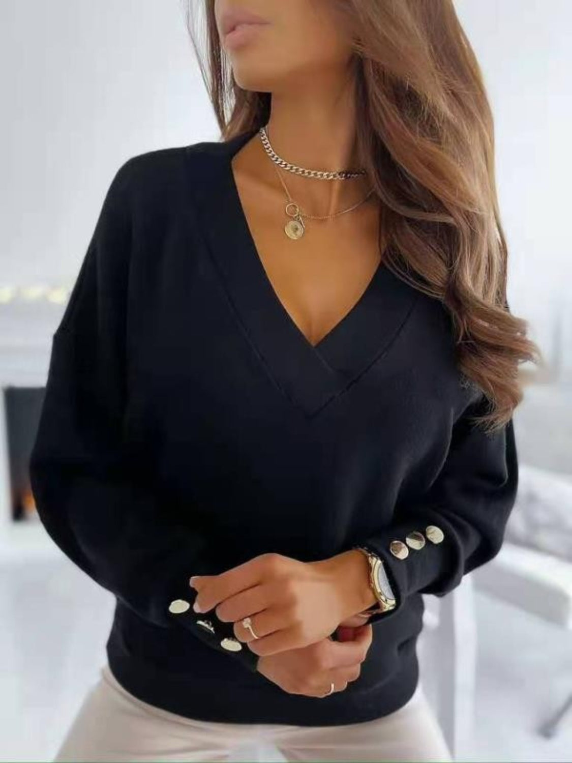 V-Neck Long Sleeve Sweatshirt - Luxe4Everyday Black / S Sweater