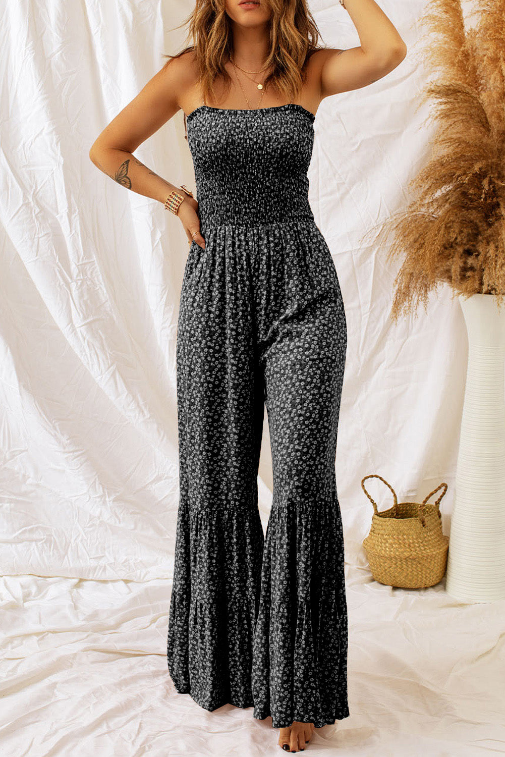 Floral Spaghetti Strap Wide Leg Jumpsuit - Luxe4Everyday Black / S Jumpsuit