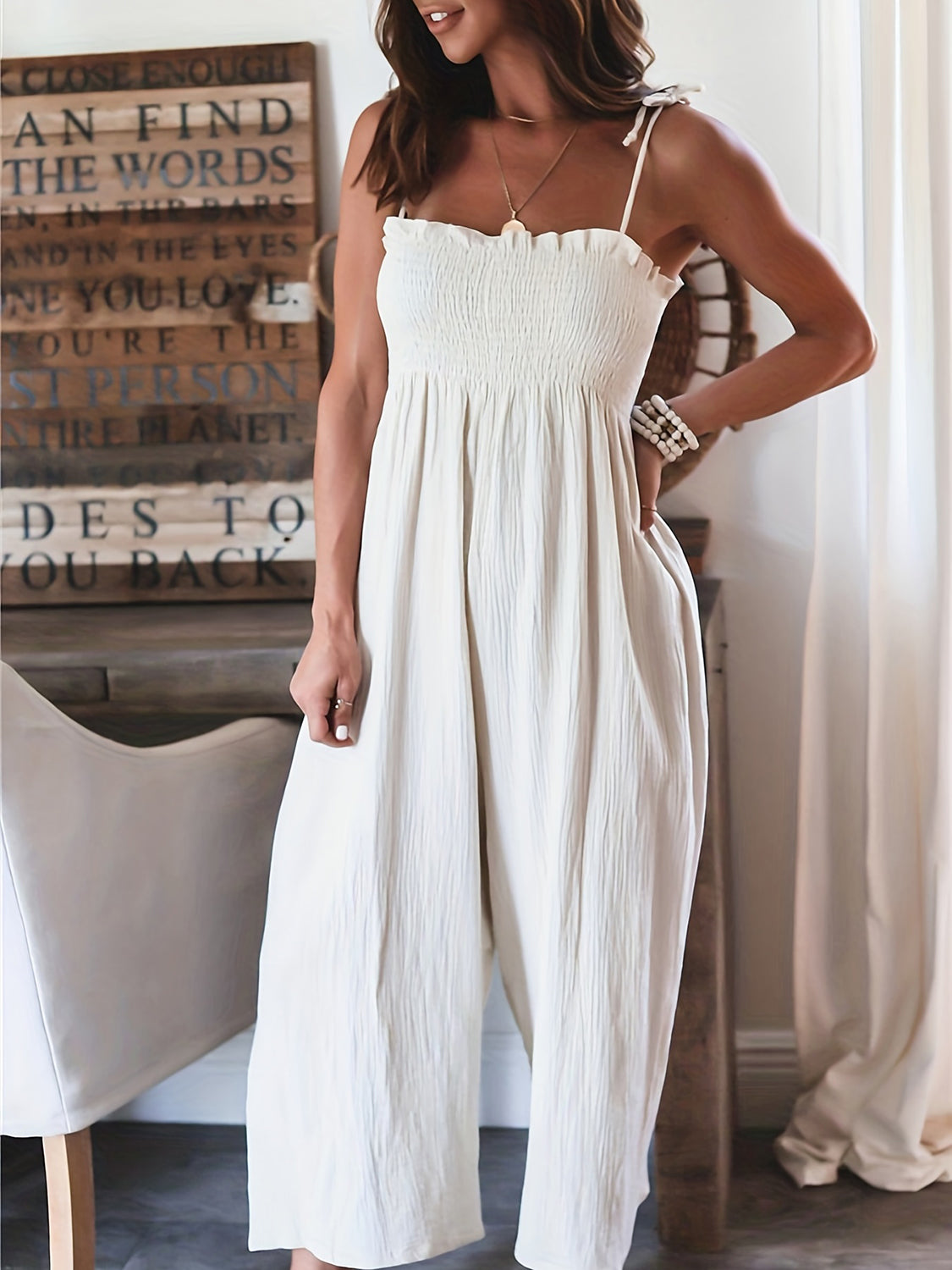 Full Size Smocked Spaghetti Strap Wide Leg Jumpsuit - Luxe4Everyday