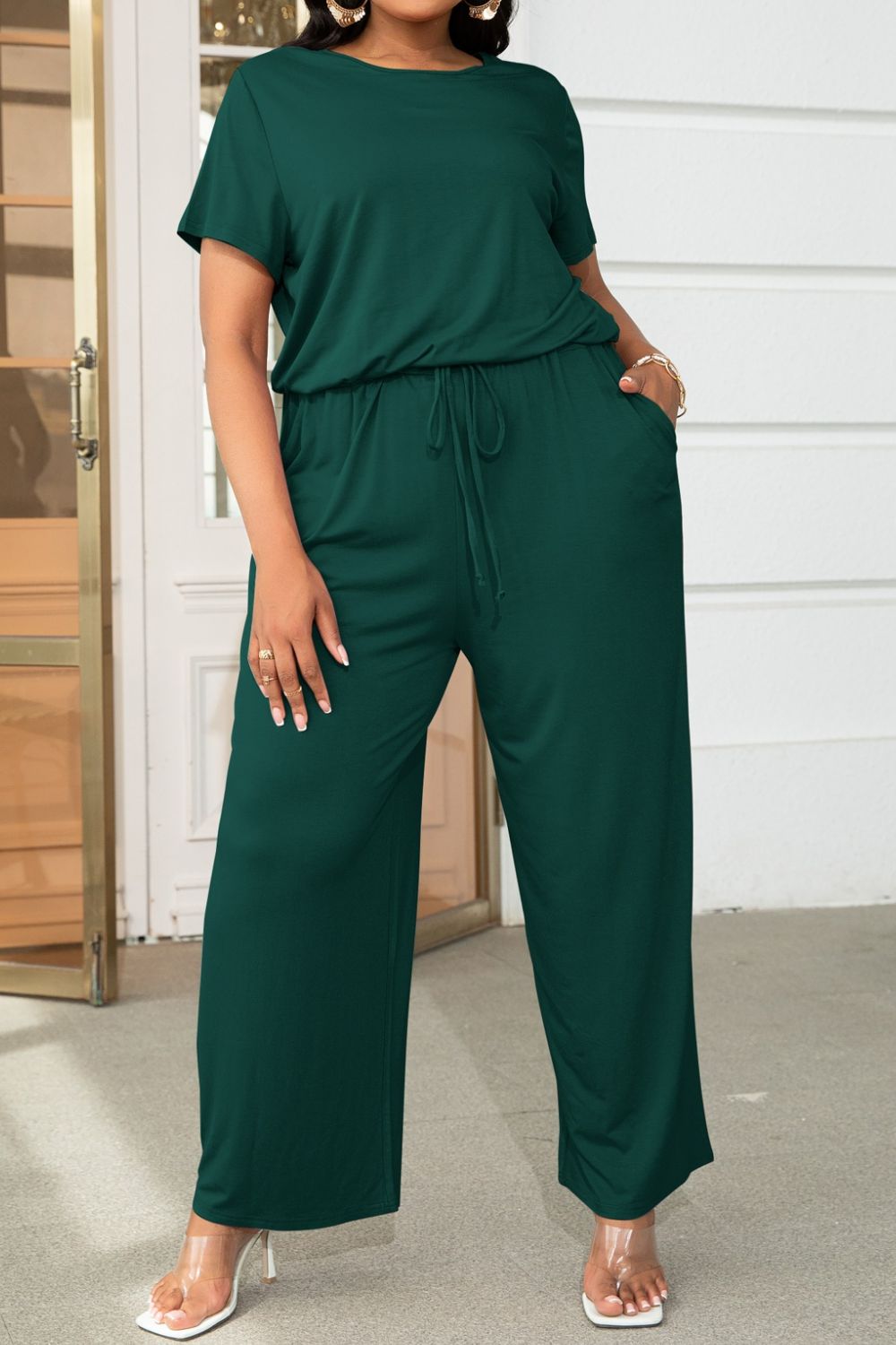 Plus Size Drawstring Waist Short Sleeve Jumpsuit - Luxe4Everyday Forest / 0XL Jumpsuit