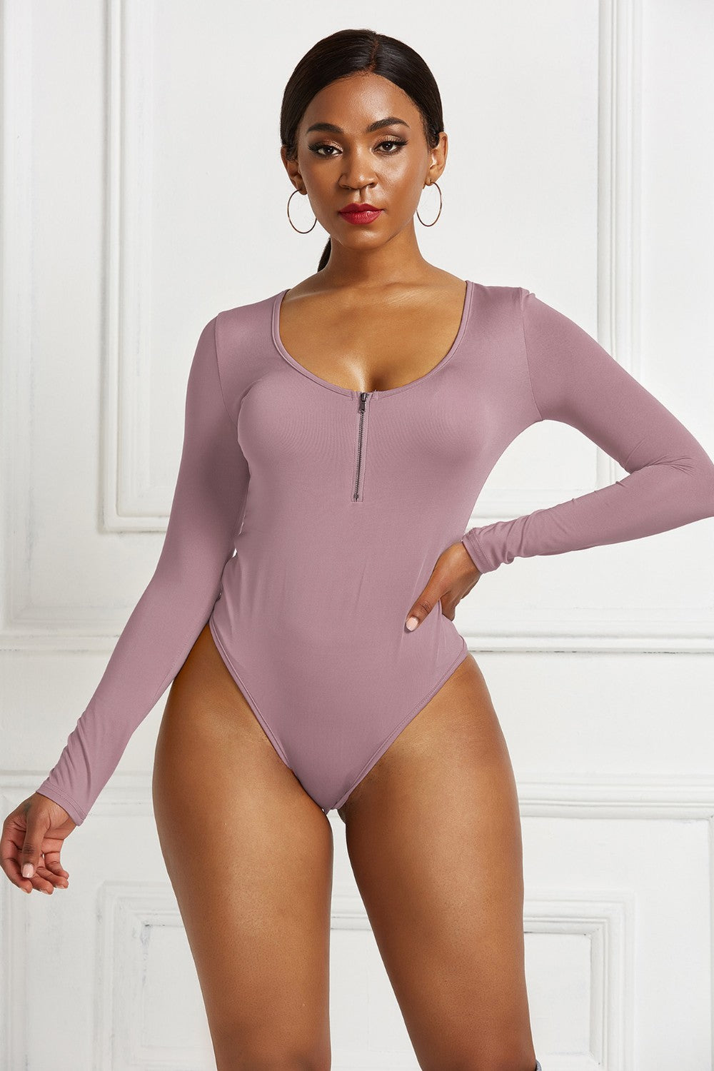 Half Zip Scoop Neck Long Sleeve Bodysuit - Luxe4Everyday Bodysuit