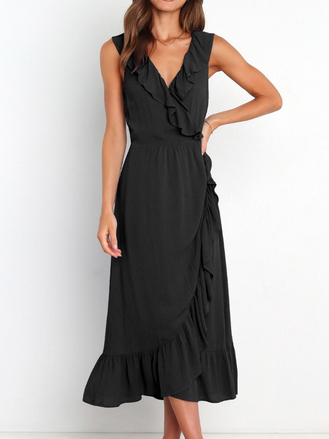 Ruffled Surplice Sleeveless Midi Dress - Luxe4Everyday Black / S Dress