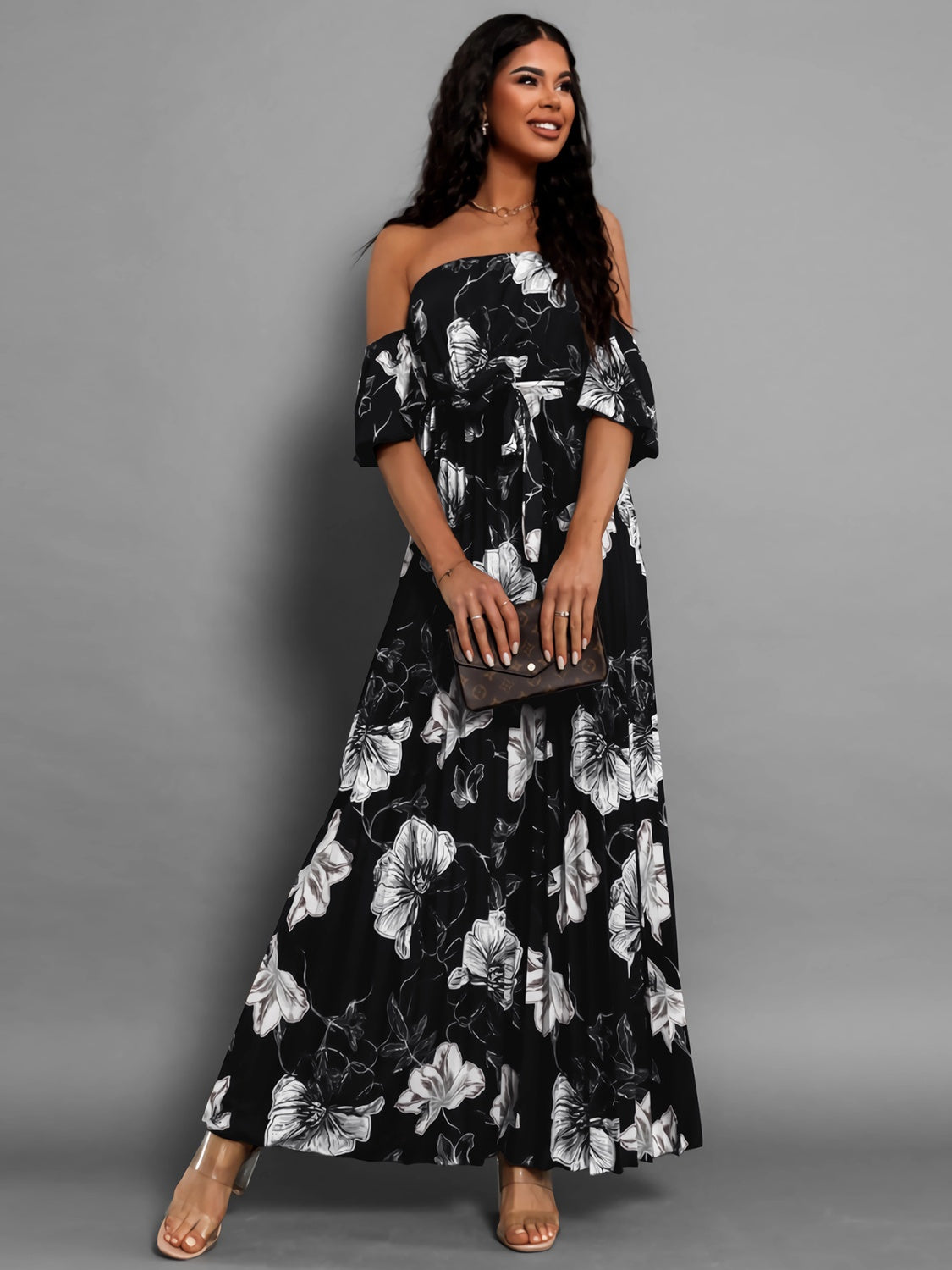 Pleated Floral Off-Shoulder Short Sleeve Midi Dress - Luxe4Everyday Dress