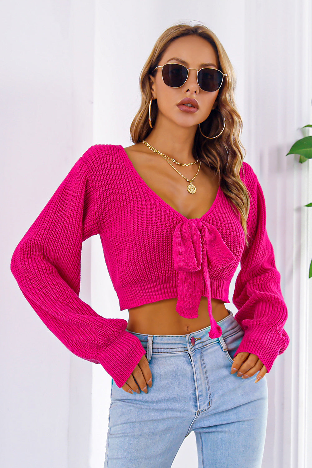 Bow V-Neck Long Sleeve Cropped Sweater - Luxe4Everyday Deep Rose / S Sweater