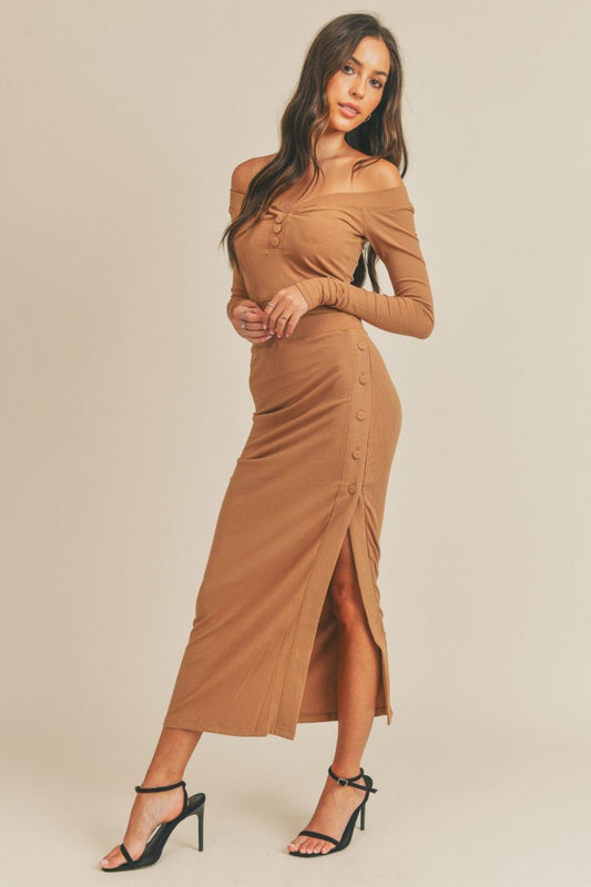 MABLE Button Detail Crop Top and Slit Midi Skirt Set - Luxe4Everyday Dusty Brown / S two-piece sets