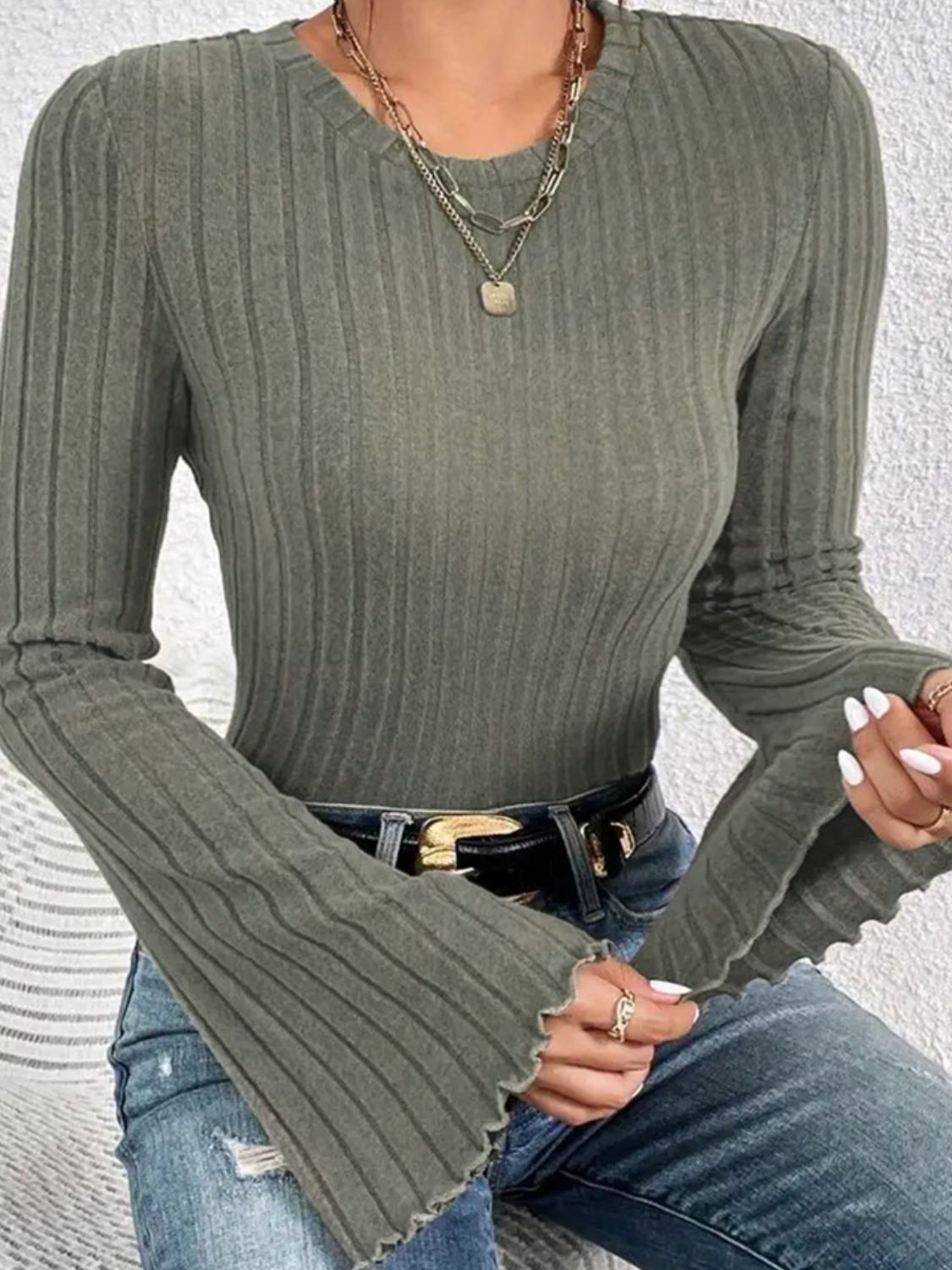 Ribbed Round Neck Flare Sleeve T-Shirt - Luxe4Everyday Shirt