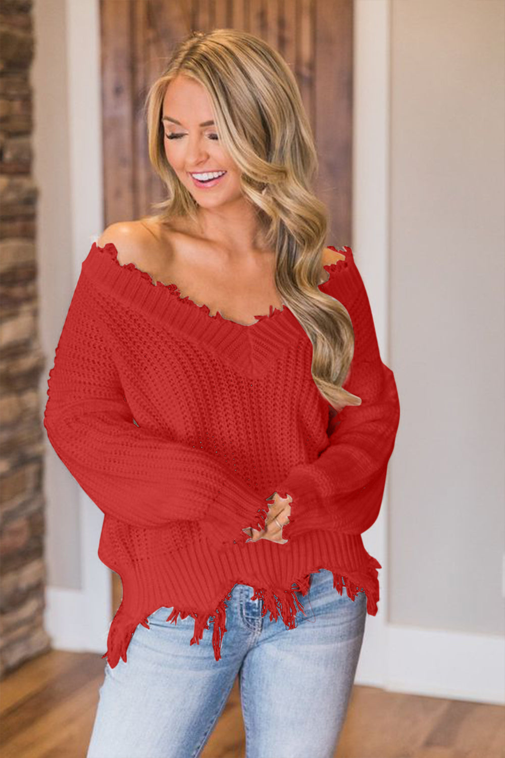 Frayed Hem Dropped Shoulder Sweater - Luxe4Everyday Sweater