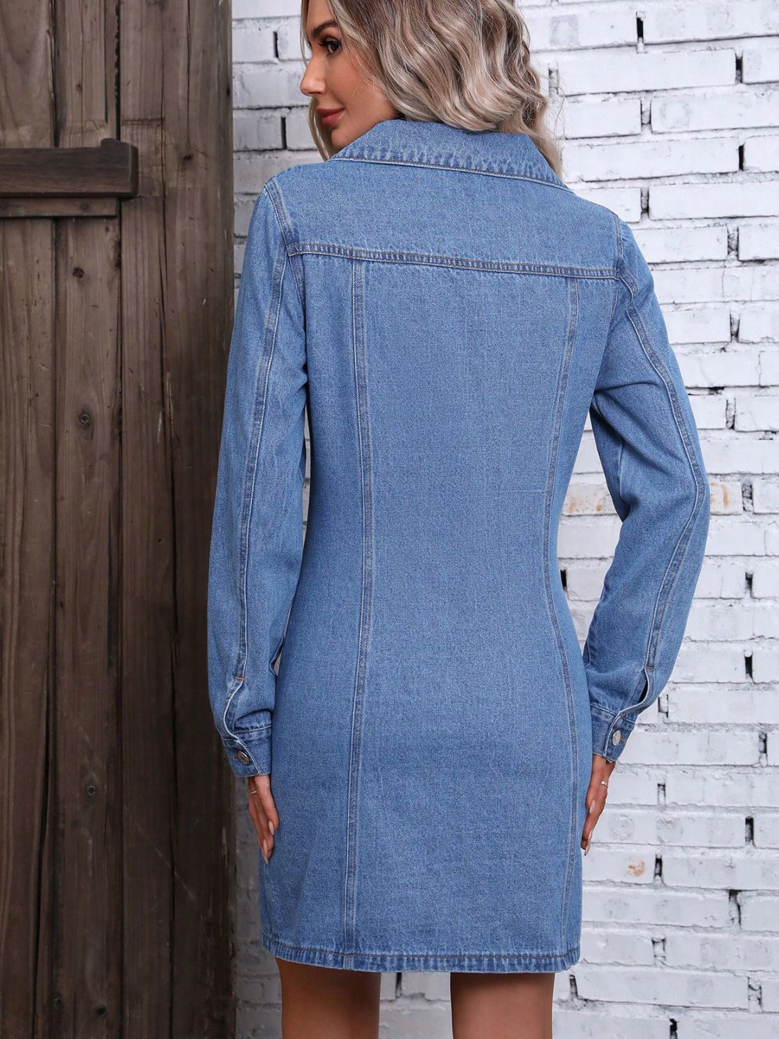 Ruched Button Up Long Sleeve Denim Dress - Luxe4Everyday Dress