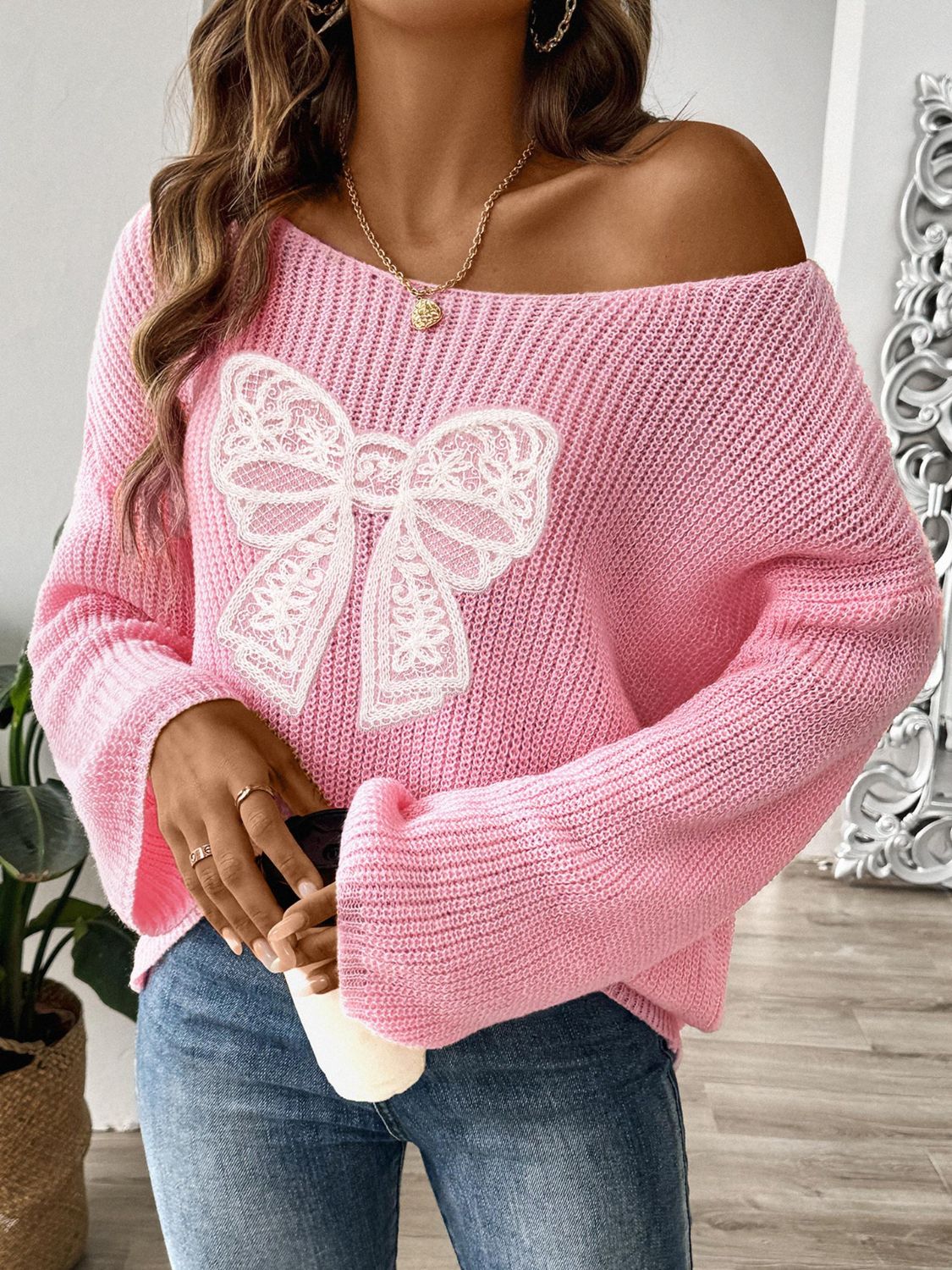 Bow Boat Neck Long Sleeve Sweater - Luxe4Everyday Blush Pink / S Sweater