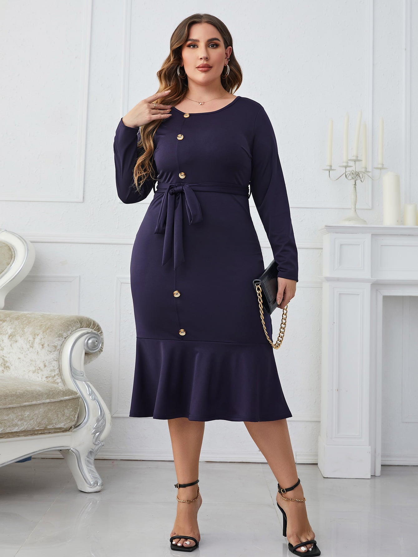 Honey Melo Apparel Plus Size Buttoned Round Neck Tie Belt Midi Dress - Luxe4Everyday Blueberry / 1XL Dress