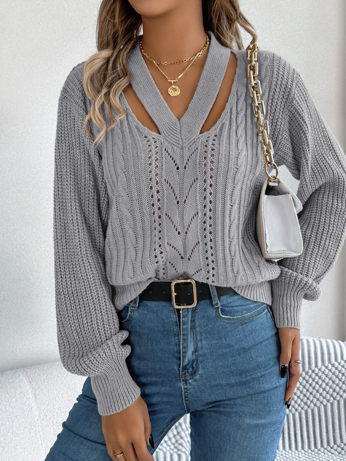 Cutout V-Neck Long Sleeve Sweater - Luxe4Everyday Sweater