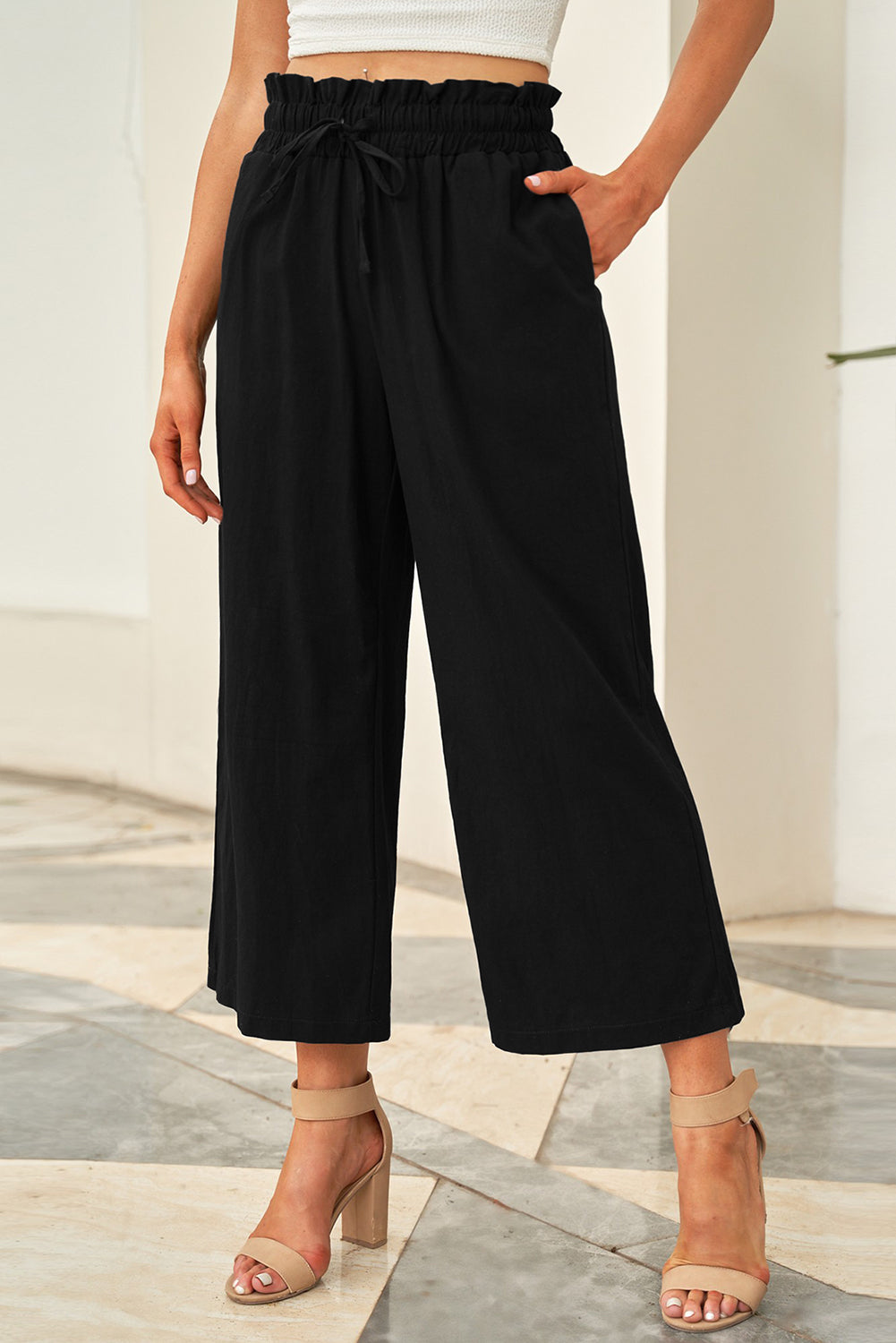 Drawstring Paperbag Waist Wide Leg Pants - Luxe4Everyday Black / S Pants