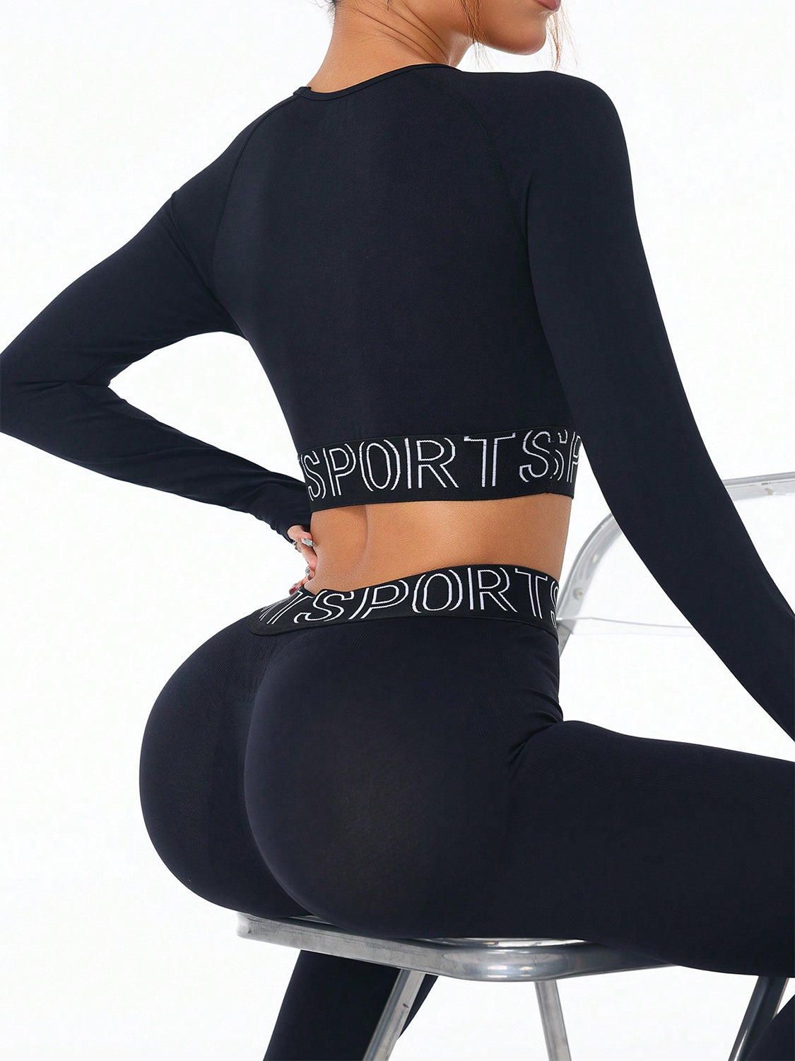 Letter Print Round Neck Long Sleeve Top and Leggings Active Set - Luxe4Everyday Black / S Activewear