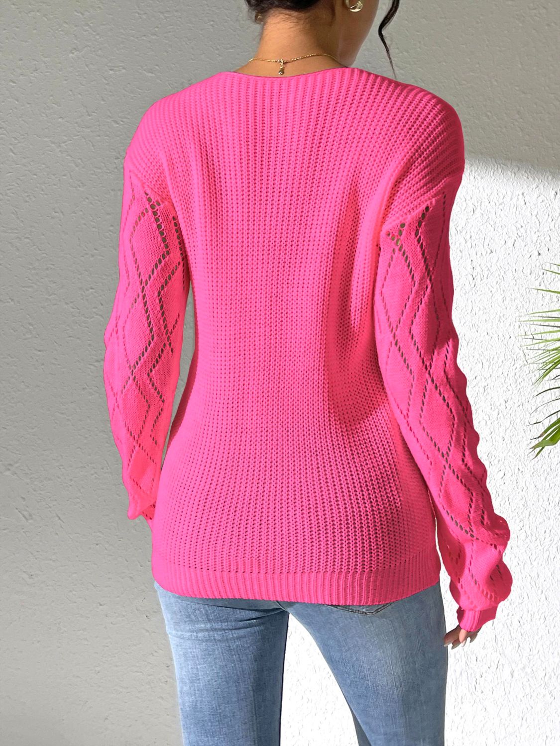 Openwork V-Neck Long Sleeve Sweater - Luxe4Everyday Sweater