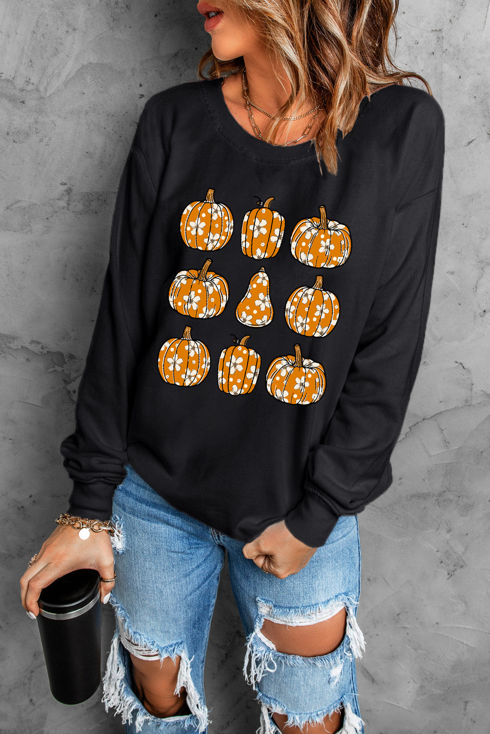 Pumpkin Round Neck Long Sleeve Sweatshirt - Luxe4Everyday Sweatshirt