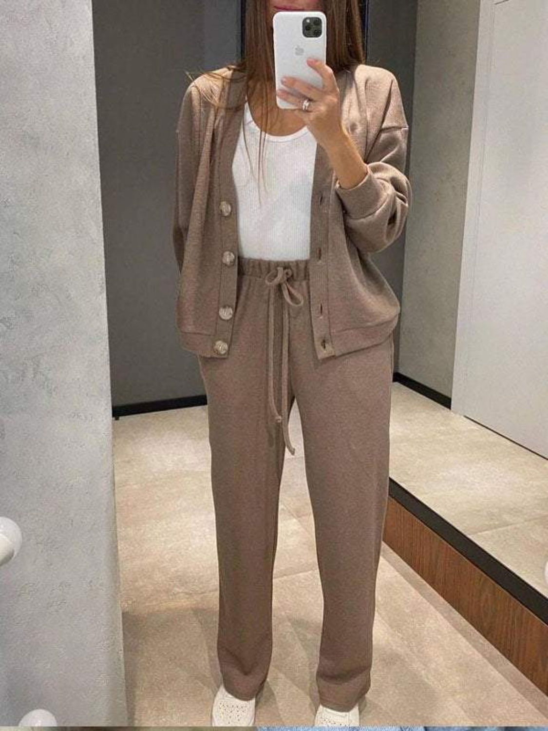 Full Size Button Up Long Sleeve Top and Pants Set - Luxe4Everyday Taupe / S two-piece set