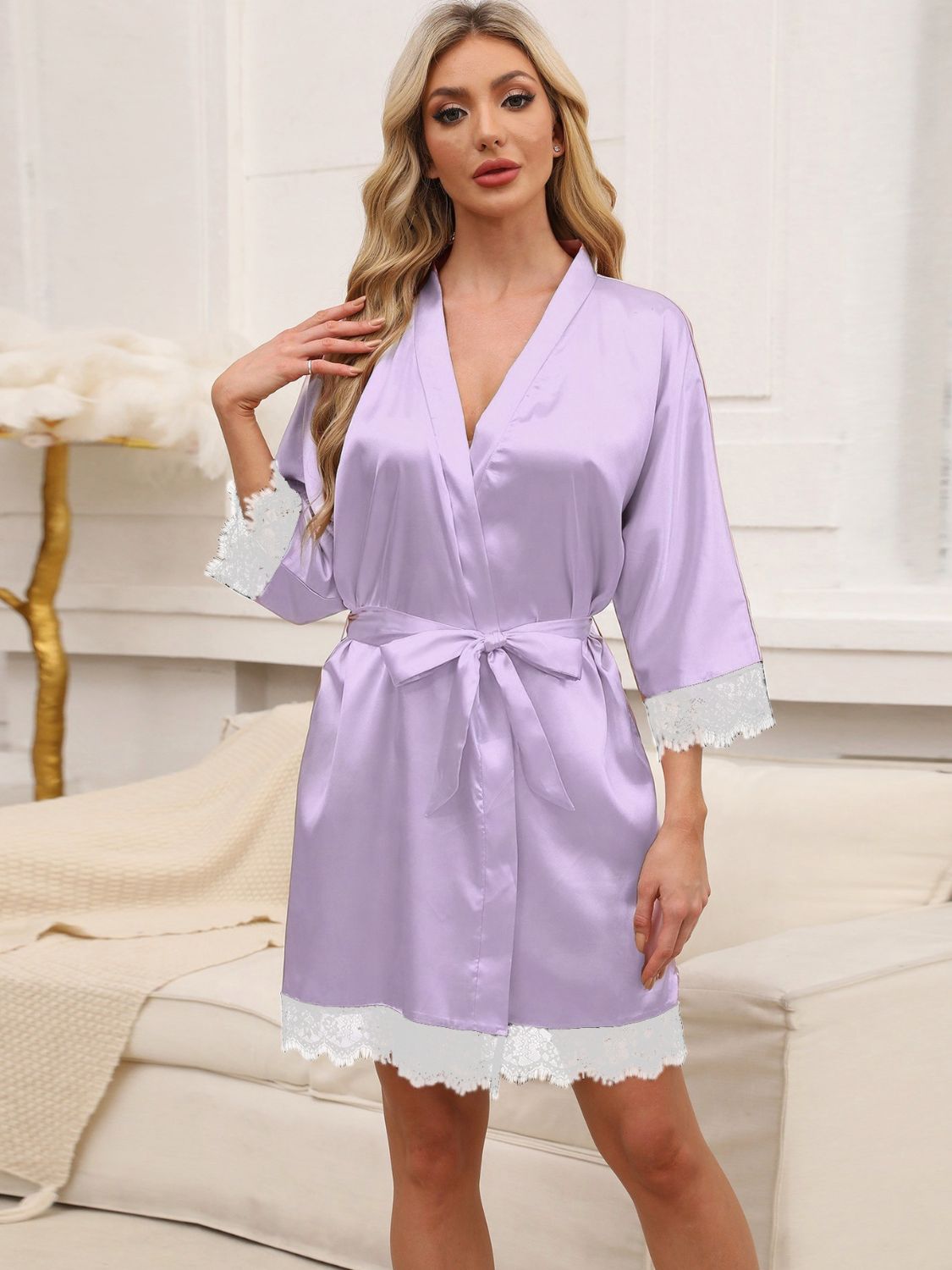 Tied Lace Detail Three-Quarter Sleeve Lounge Nightgown - Luxe4Everyday Lilac / M Lounge wear