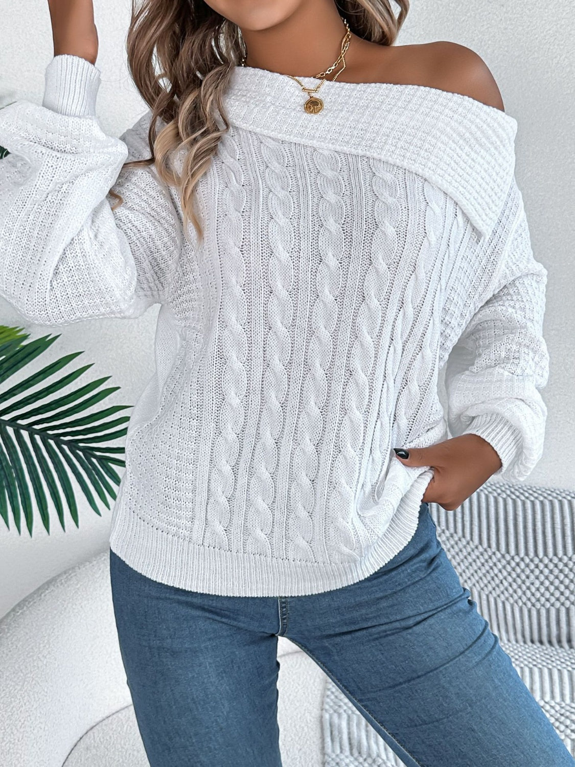 Cable-Knit One Shoulder Long Sleeve Sweater - Luxe4Everyday White / S Sweater