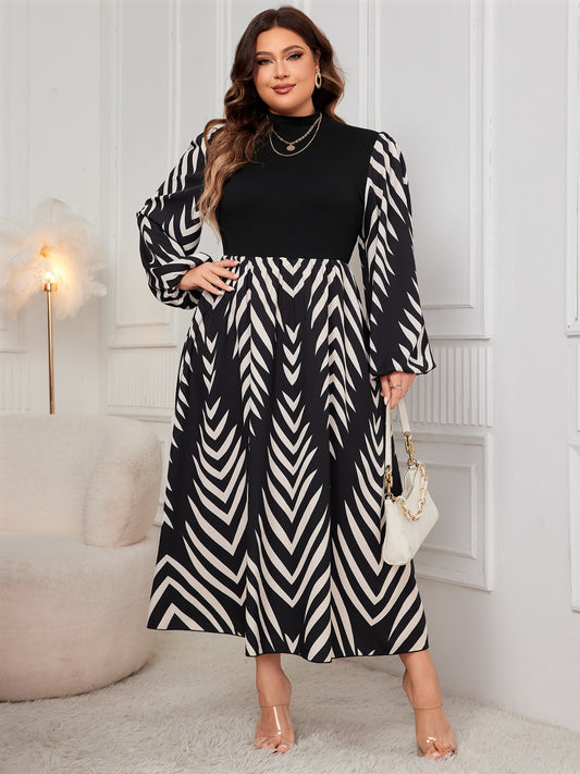 Honey Plus Size Printed Mock Neck Long Sleeve Midi Dress - Luxe4Everyday Black / 1XL Dress