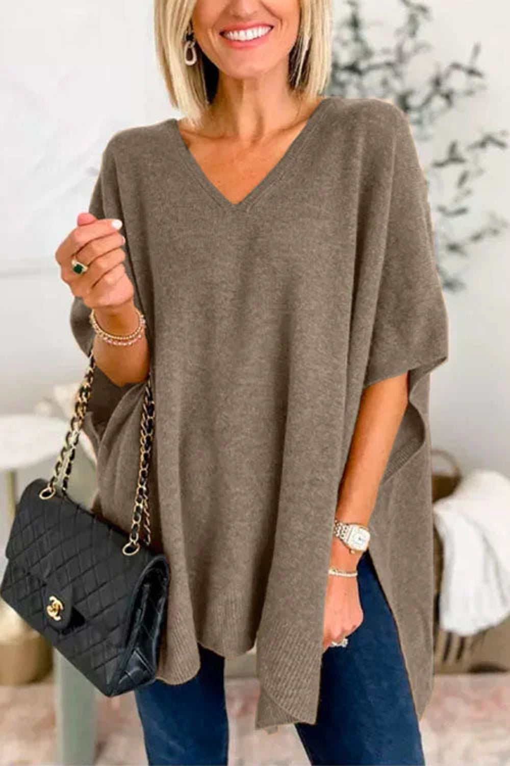 Slit V-Neck Half Sleeve Knit Top - Luxe4Everyday Coffee Brown / S Sweater