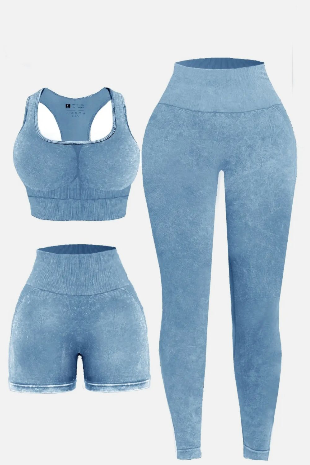 3 Piece Washed Square Neck Wide Strap Active Set - Luxe4Everyday Light Blue / S activewear