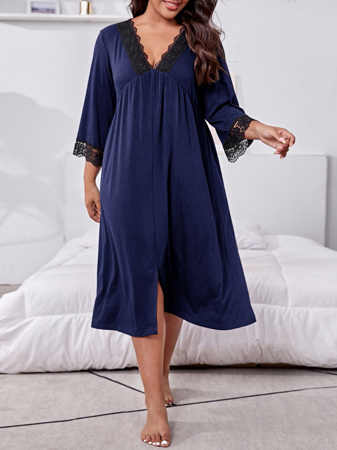 Plus Size Lace Detail V-Neck Lounge Dress - Luxe4Everyday Dark Navy / 1XL Lounge wear