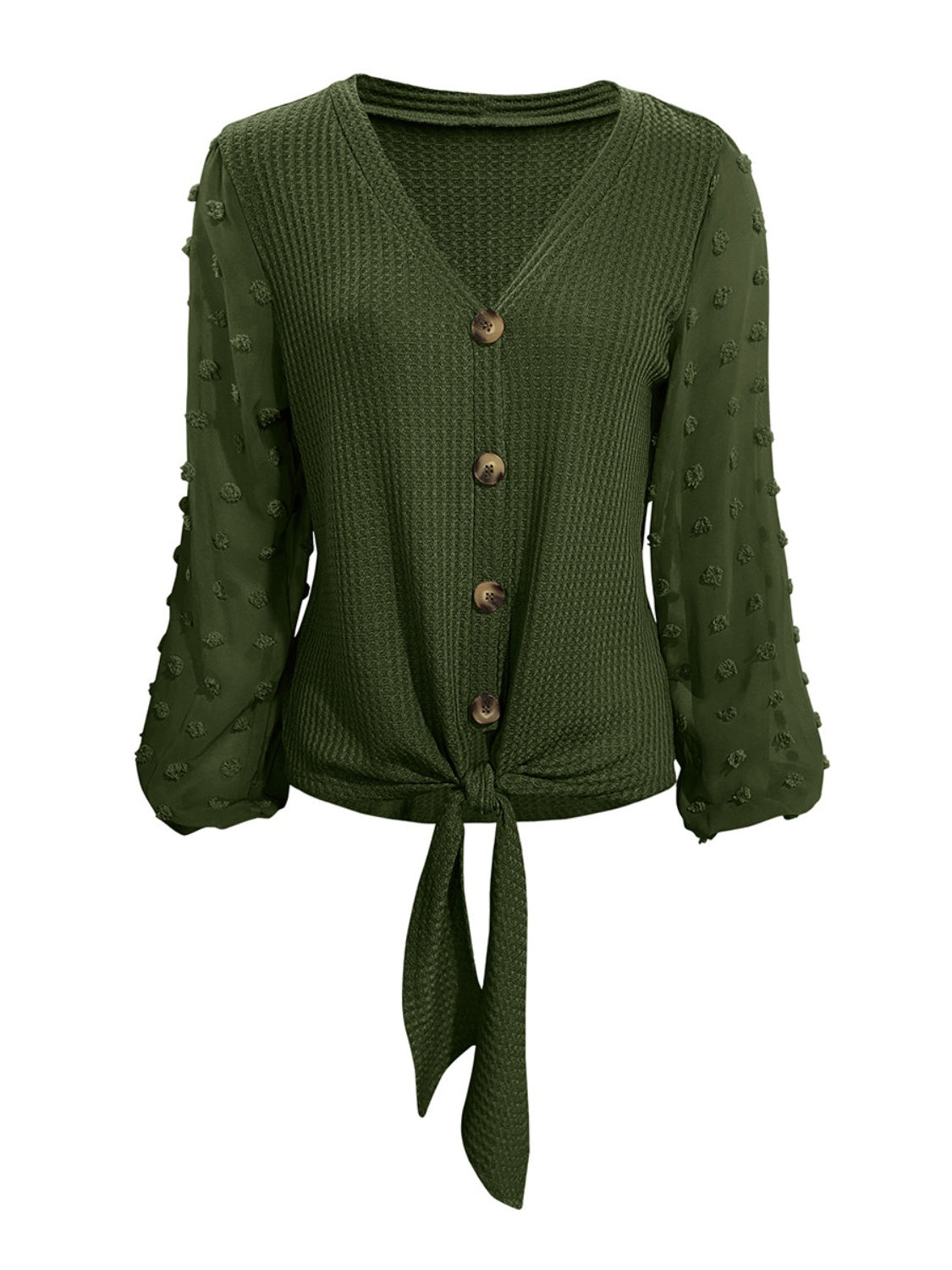 Tied Swiss Dot V-Neck Long Sleeve Blouse - Luxe4Everyday Army Green / S Shirt