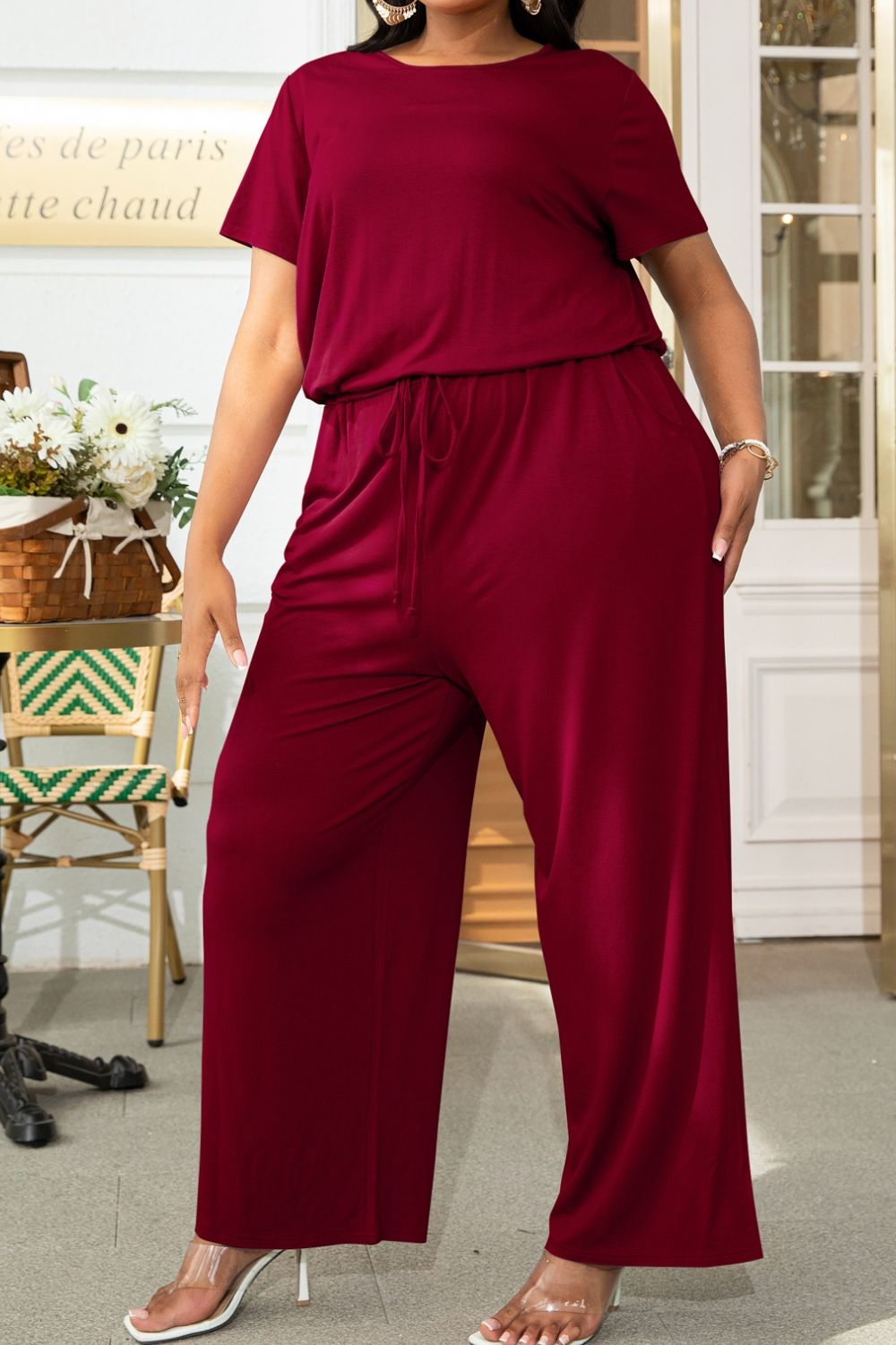 Plus Size Drawstring Waist Short Sleeve Jumpsuit - Luxe4Everyday Wine / 0XL Jumpsuit