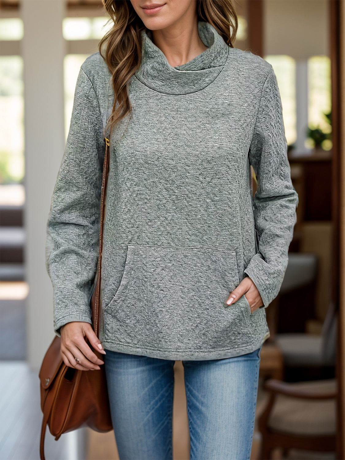 Pocketed Turtleneck Long Sleeve Sweatshirt - Luxe4Everyday Gray / S Sweater