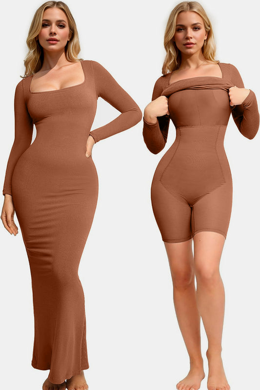 Basic Bae Built-In Shapewear Square Neck Long Sleeve Maxi Dress - Luxe4Everyday Caramel / S Dress