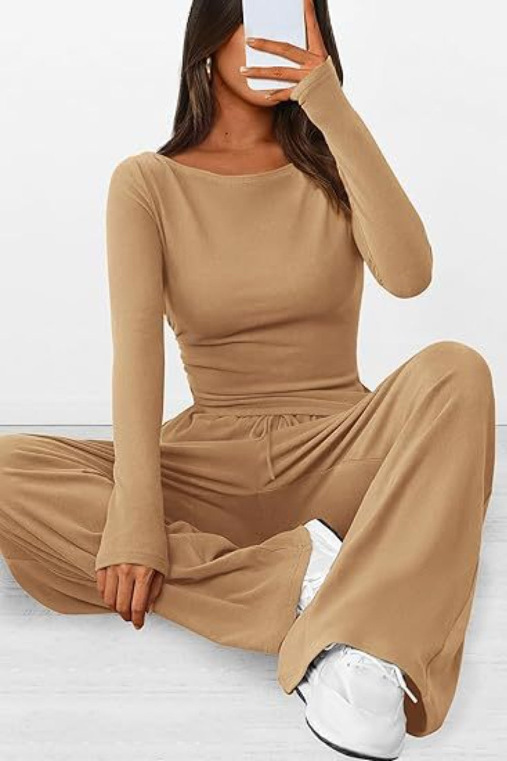 Round Neck Long Sleeve Top and Pants Set - Luxe4Everyday Camel / XS two-piece set