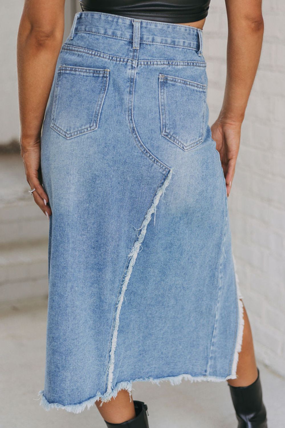 Raw Hem Slit Denim Skirt with Pockets - Luxe4Everyday Skirts