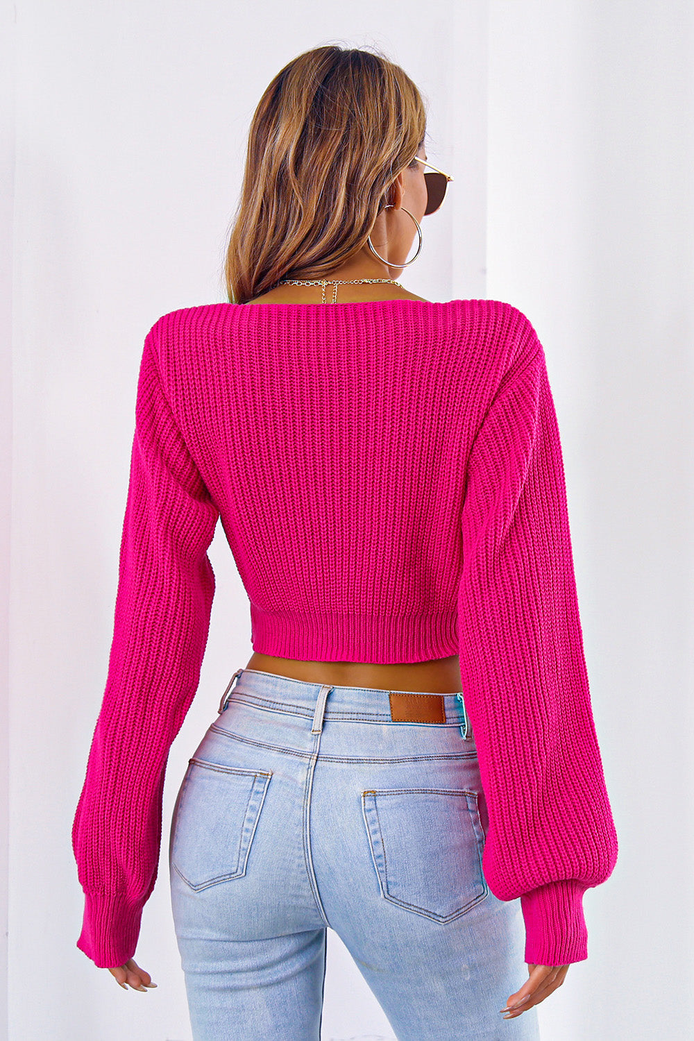 Bow V-Neck Long Sleeve Cropped Sweater - Luxe4Everyday Sweater