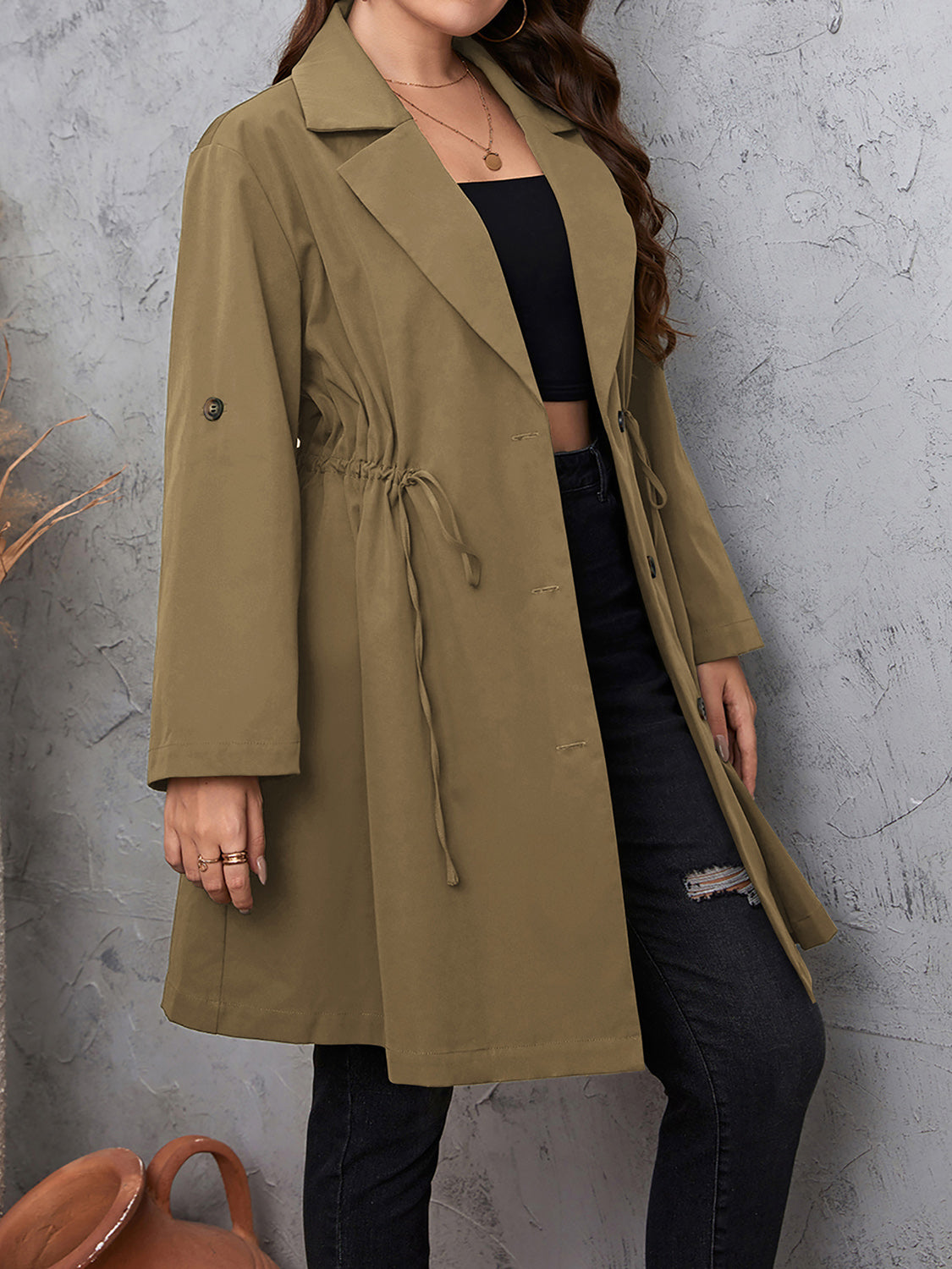 Honey Plus Size Lapel Collar Drawstring Roll-Tab Sleeve Trench Coat - Luxe4Everyday Mocha / 1XL Coat