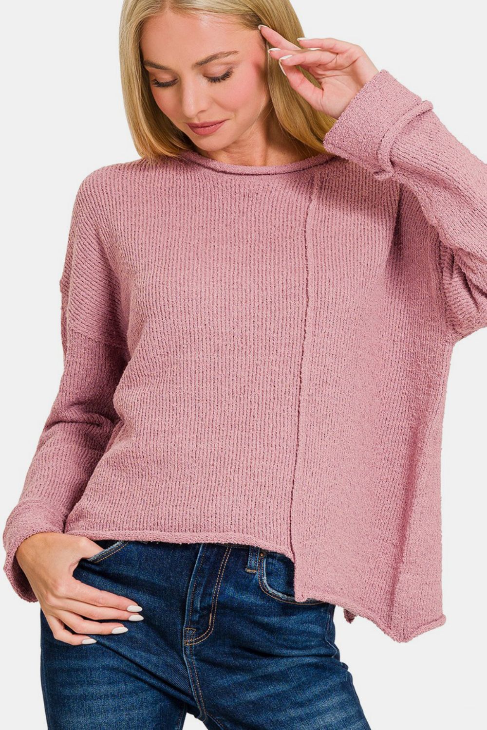 Zenana Asymmetric Hem Drop Shoulder Sweater - Luxe4Everyday Lt Rose / S Sweater