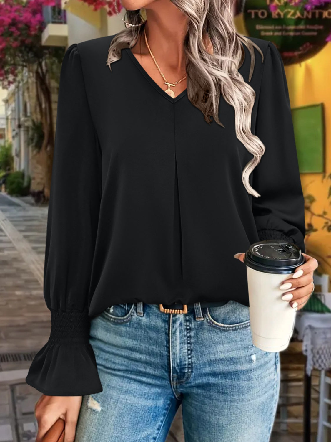 V-Neck Flounce Sleeve Blouse - Luxe4Everyday Black / S Shirt