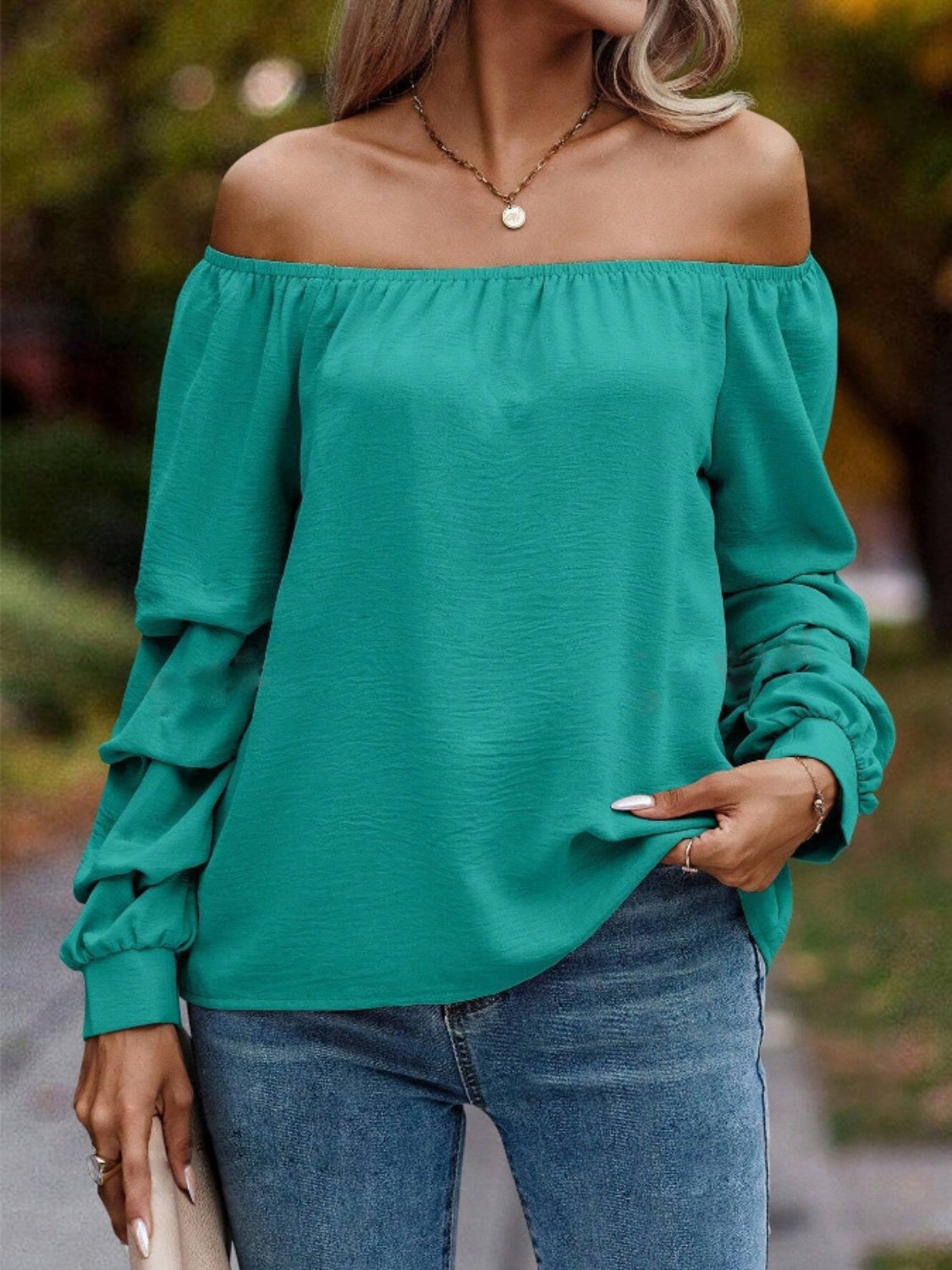 Ruched Off-Shoulder Long Sleeve Blouse - Luxe4Everyday Shirt