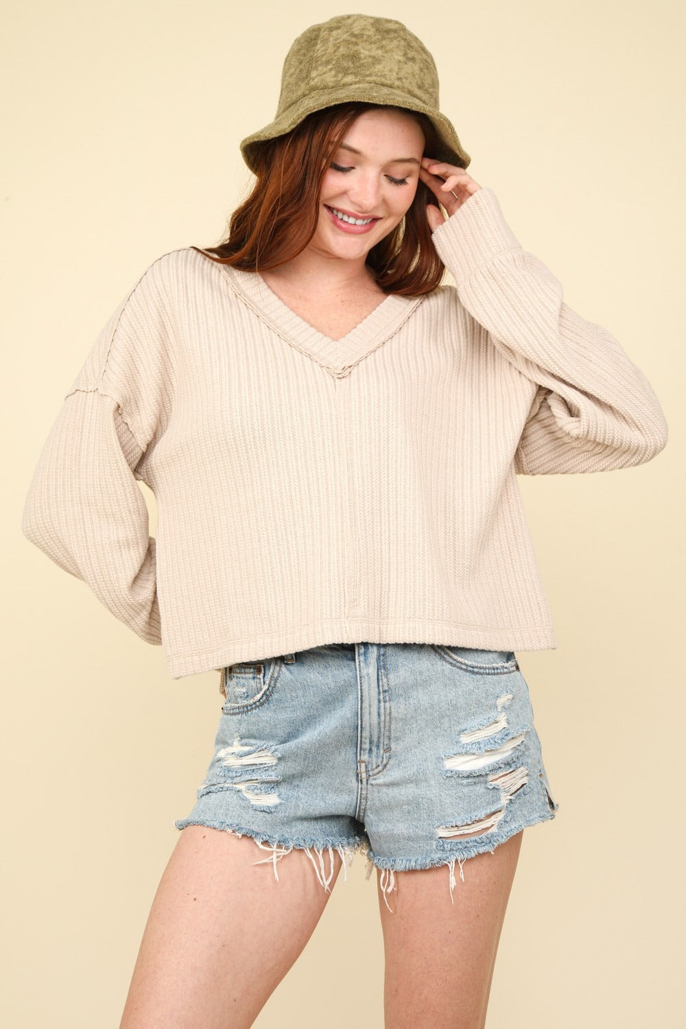 VERY J Exposed Seam V-Neck Ribbed Knit Top - Luxe4Everyday Ecru / S Sweater