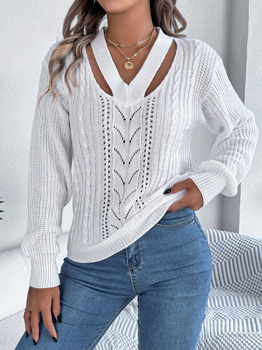 Cutout V-Neck Long Sleeve Sweater - Luxe4Everyday White / S Sweater