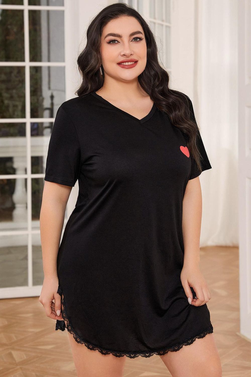 Plus Size Lace Trim V-Neck Short Sleeve Night Dress - Luxe4Everyday Black / 0XL Lounge wear