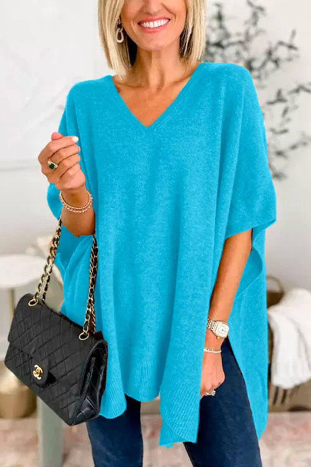 Slit V-Neck Half Sleeve Knit Top - Luxe4Everyday Cerulean / S Sweater